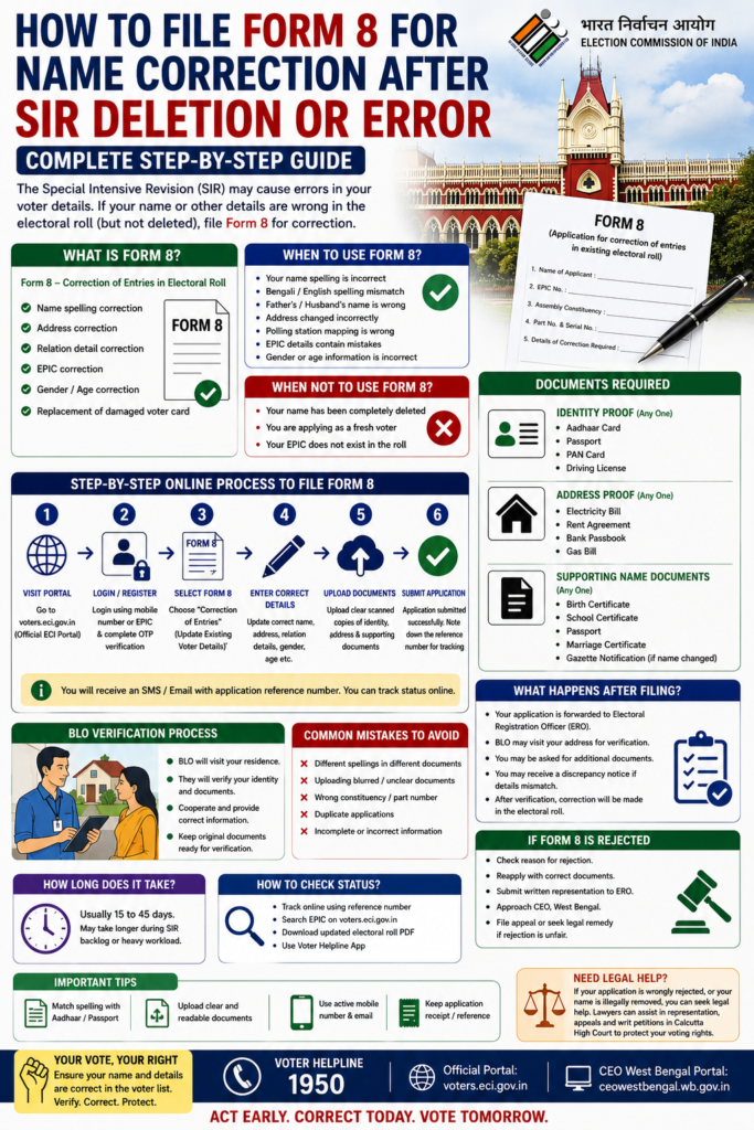 Learn how to file Form 8 for voter name correction after SIR deletion or electoral roll errors in West Bengal.
