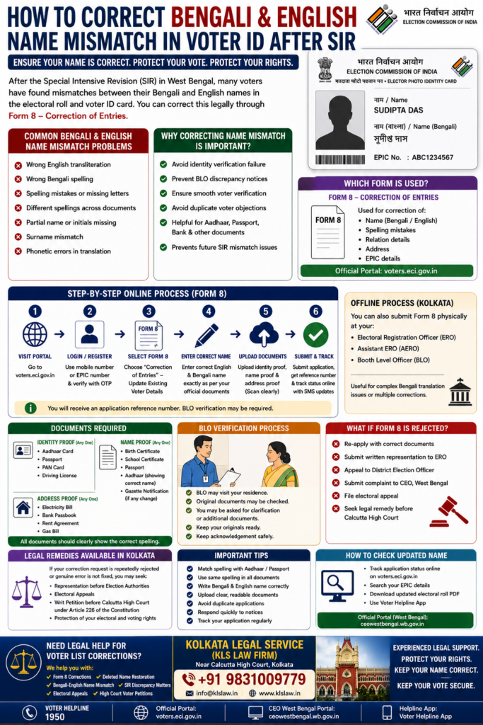 Learn how to correct Bengali and English name mismatch in voter ID after SIR in West Bengal. Complete Form 8 correction guide covering documents required, BLO verification, online process, and legal remedies in Kolkata.
