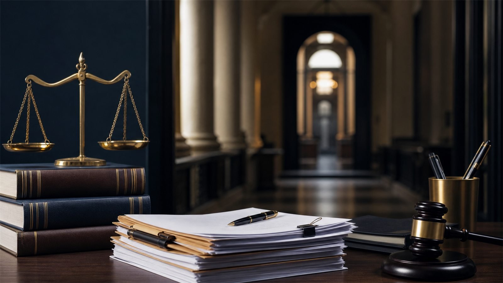 Court corridor, legal files, gavel and scales representing criminal defence and bail