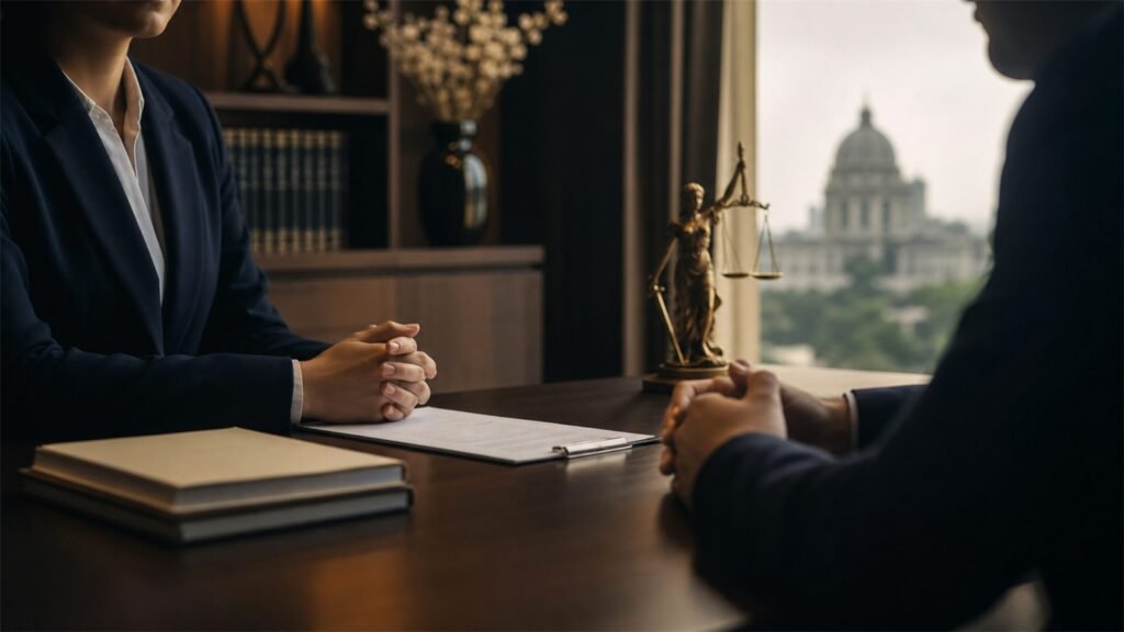 Private family-law consultation with two adults and a legal advisor